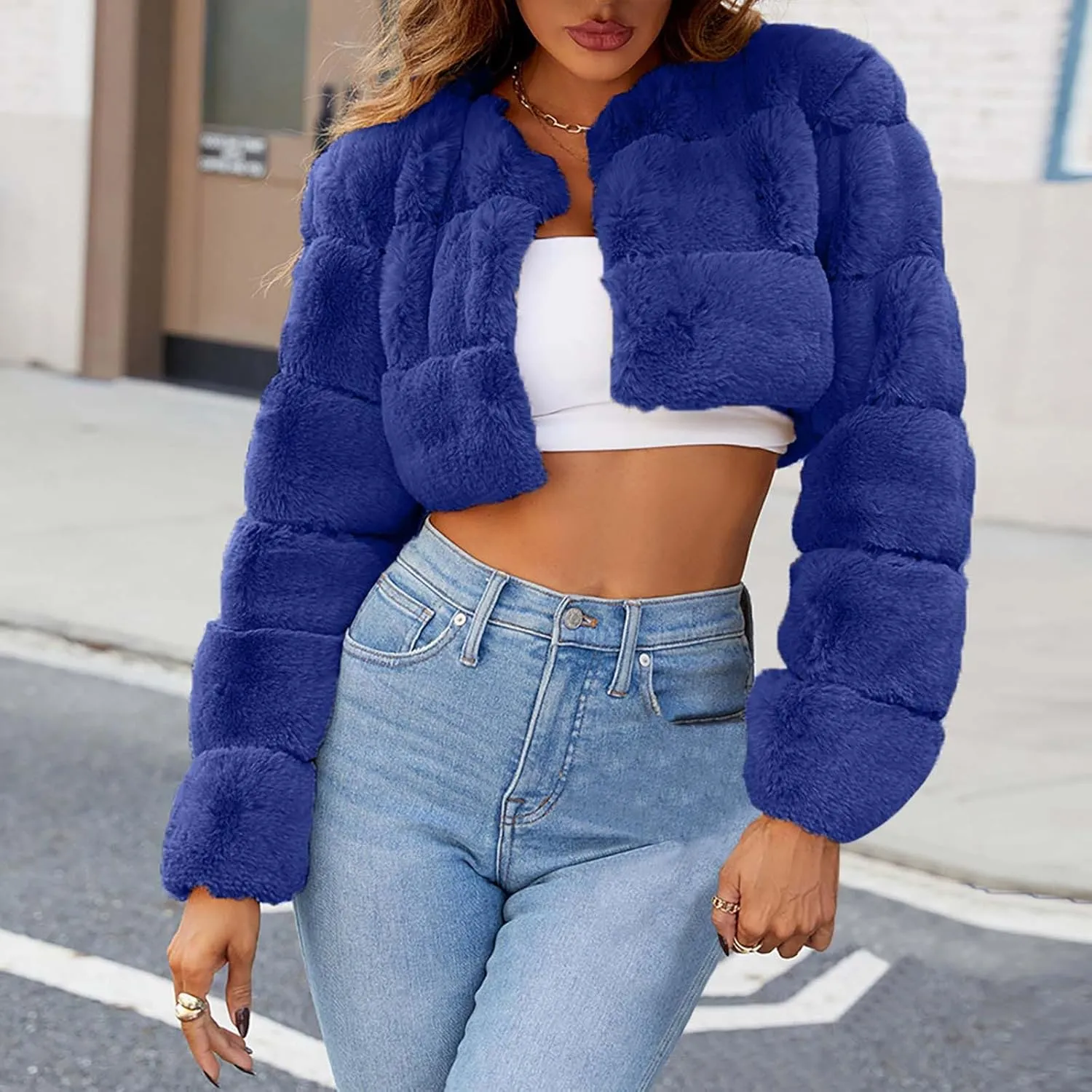 Women's Winter Plus Size Parka Overcoat Solid Long Sleeve Cropped Tops Faux Fur Coat Jacket
