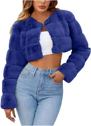 Women's Winter Plus Size Parka Overcoat Solid Long Sleeve Cropped Tops Faux Fur Coat Jacket