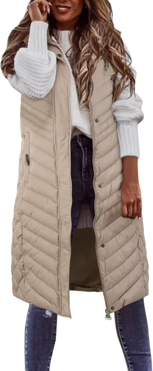 Womens Winter Warm Vest Long Puffer Jacket Gilet Casual Sleeveless Zip Up Down Coat Tank 2024 Trendy Outdoor Outwear