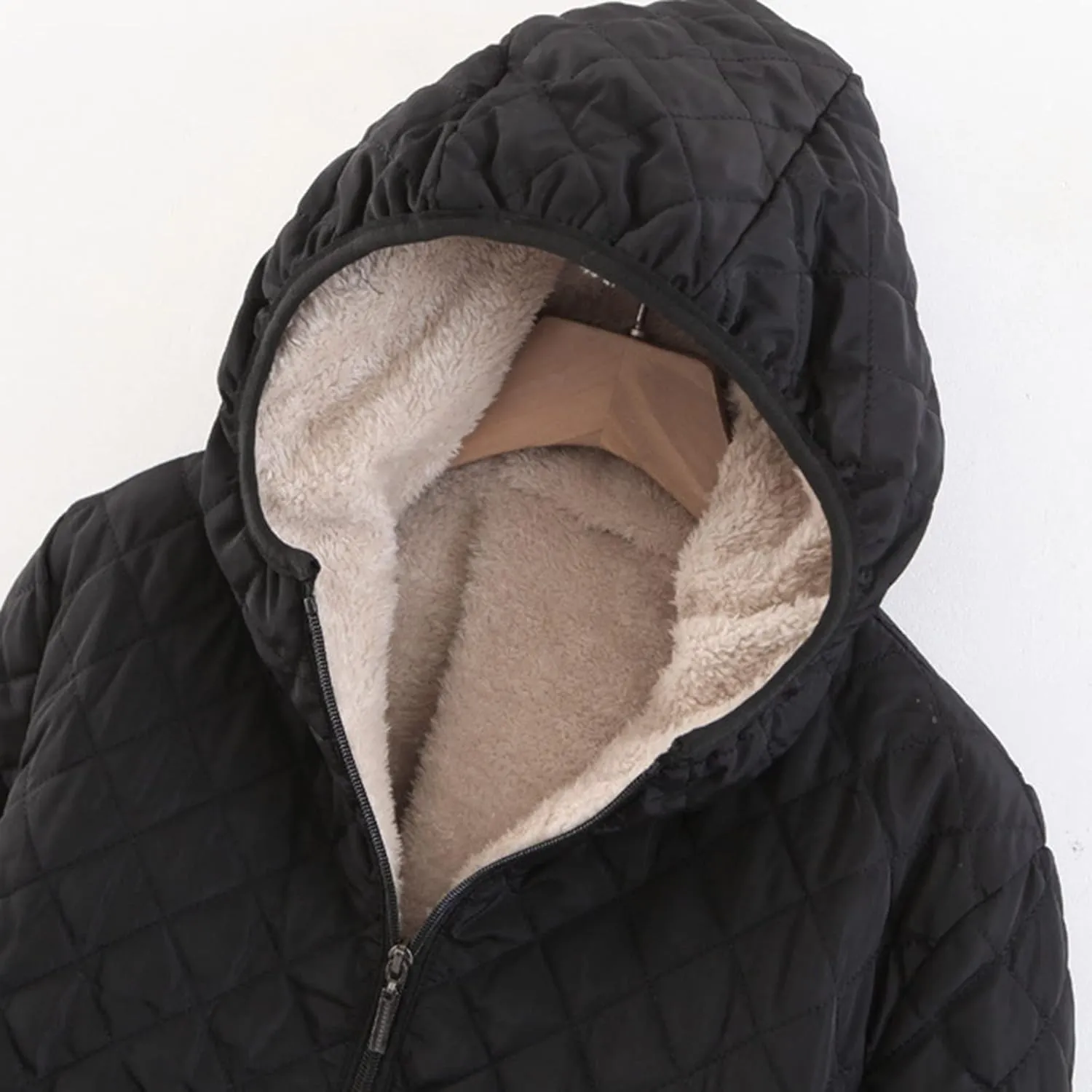 Womens Winter Warm Windproof Solid Outwear Long Sleeve Hooded Zipper Jacket Casual Soft Pockets Overcoat Daily Clothes