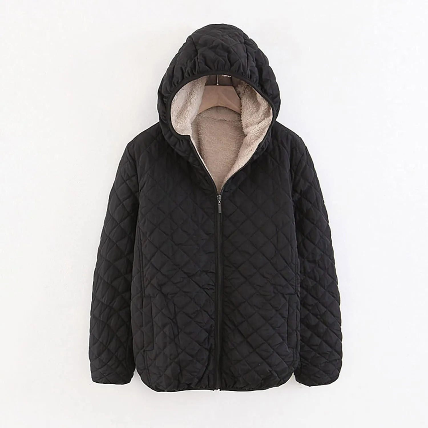 Womens Winter Warm Windproof Solid Outwear Long Sleeve Hooded Zipper Jacket Casual Soft Pockets Overcoat Daily Clothes
