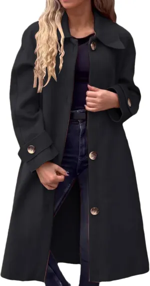 Womens Wool Blend Coat Button Down Long Sleeve Jackets Winter Lapel Open Front Coats Trendy Trench Coat