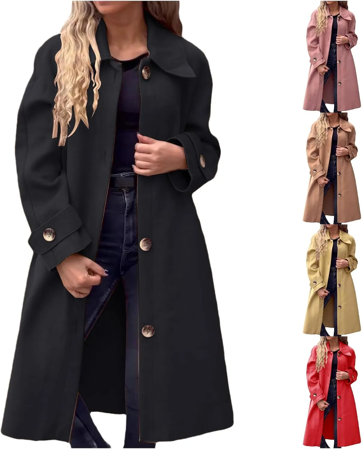 Womens Wool Blend Coat Button Down Long Sleeve Jackets Winter Lapel Open Front Coats Trendy Trench Coat