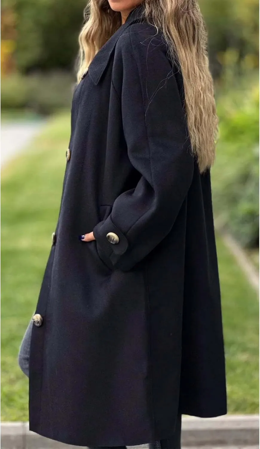 Womens Wool Blend Coat Button Down Long Sleeve Jackets Winter Lapel Open Front Coats Trendy Trench Coat