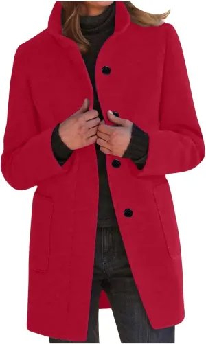 Womens Wool Blend Overcoat Button Up Stand Collar Slim Fit Jackets Business Casual Outerwear with Pockets