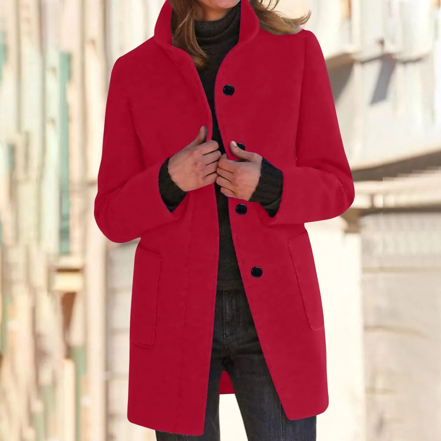 Womens Wool Blend Overcoat Button Up Stand Collar Slim Fit Jackets Business Casual Outerwear with Pockets