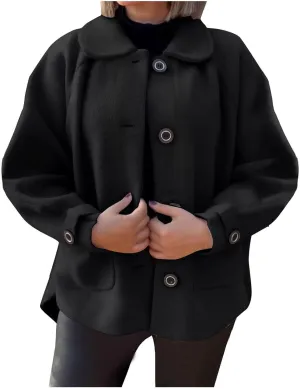 Women's Wool Coats Lapel Cropped Pea Coats Button Up Casual Jackets Trendy Winter Coats Peacoat Fall Outwear Overcoat