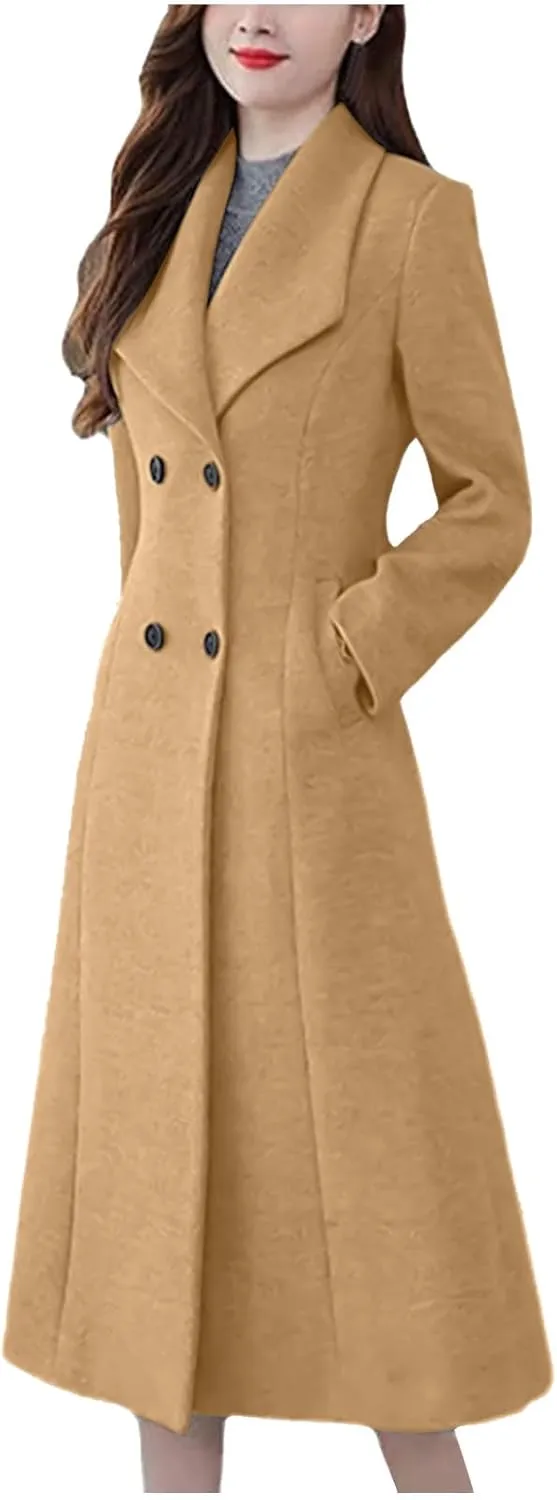 Womens Wool Trench Coat Casual Fall Winter Warm Jacket Notch Lapel Single-Breasted Long Peacoat Overcoats