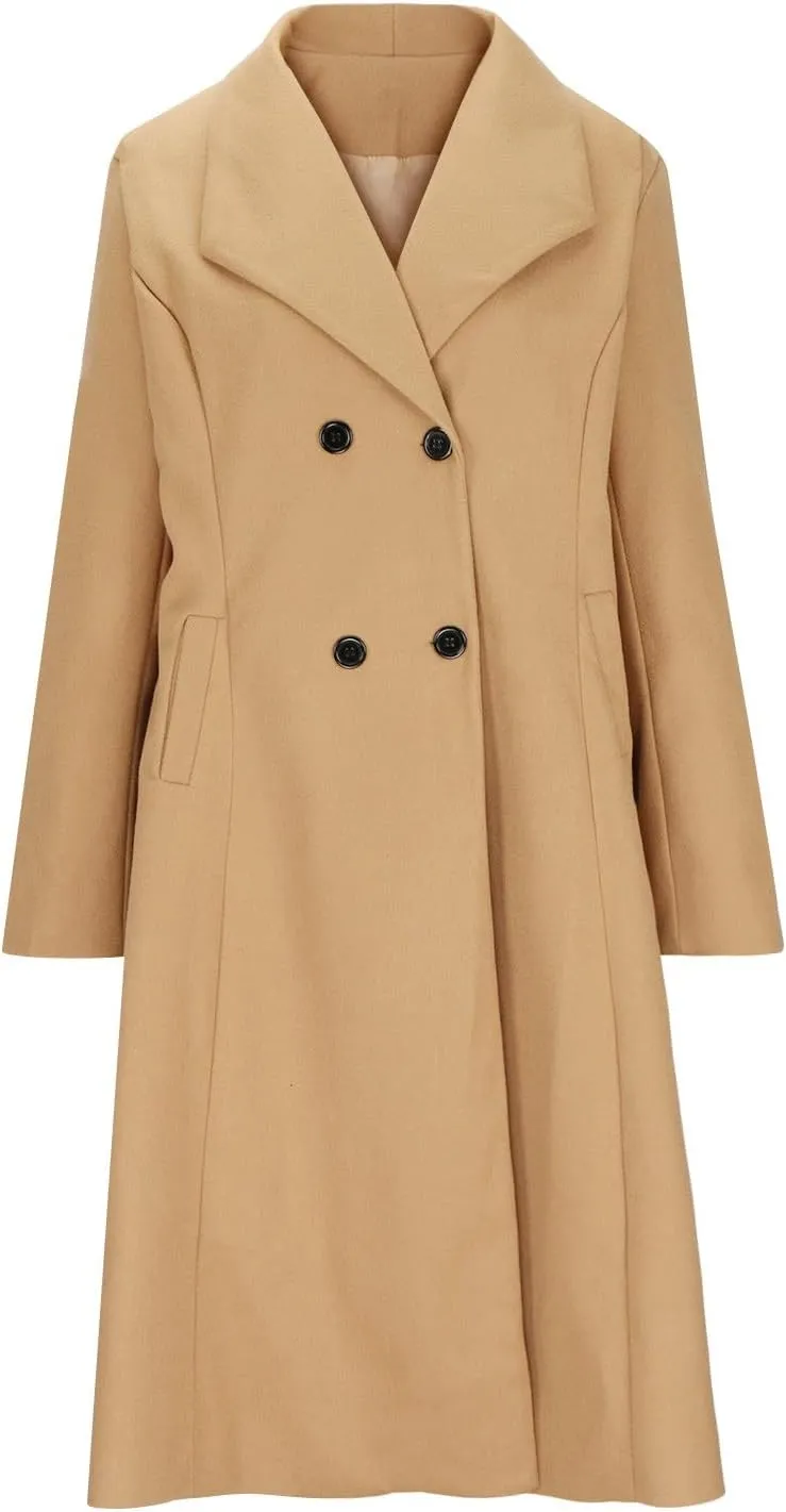 Womens Wool Trench Coat Casual Fall Winter Warm Jacket Notch Lapel Single-Breasted Long Peacoat Overcoats