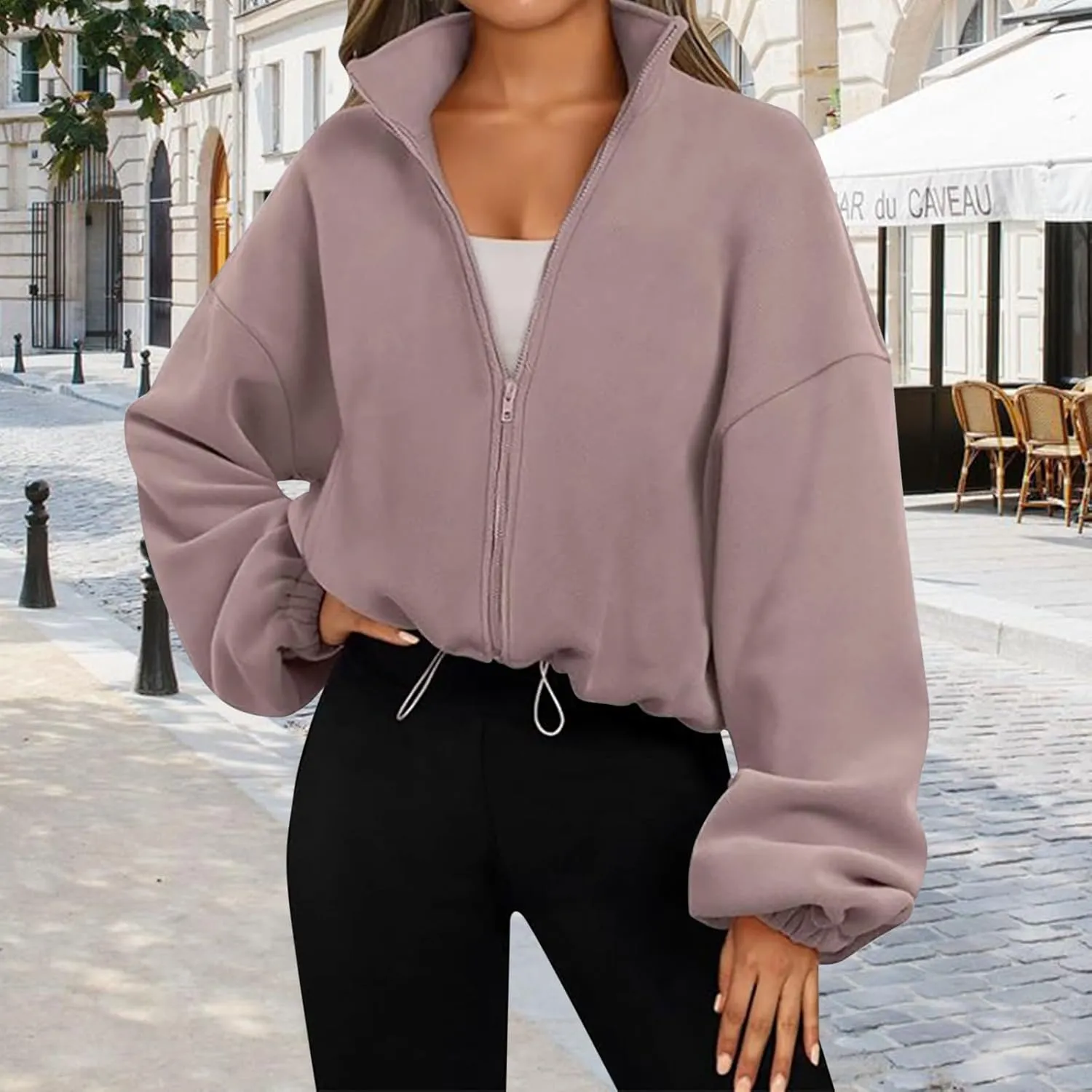 Womens Zip Up Hoodie Oversized Sweatshirt Fleece Cropped Jacket Trendy Fleece Jacket Travel Stretchy Jackets Utility