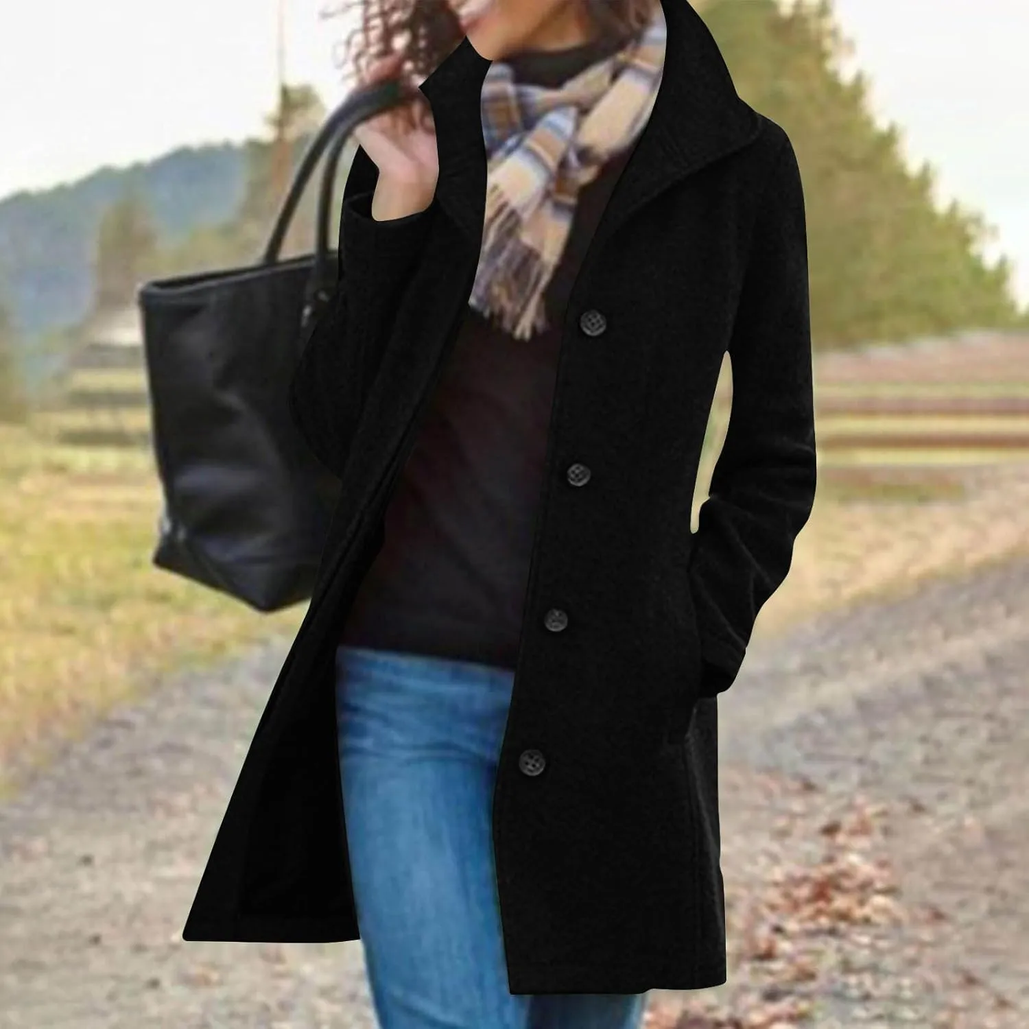 Wool Pea Coats for Women Winter Casual Thicken Wool Blend Stand Collar Single Breasted Pea Coat with Pockets