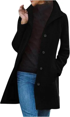 Wool Pea Coats for Women Winter Casual Thicken Wool Blend Stand Collar Single Breasted Pea Coat with Pockets