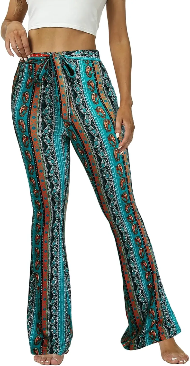 WSPLYSPJY Women's Floral & Paisley Print Knot Front Flare Leg Pants Bowknot Tie Belted