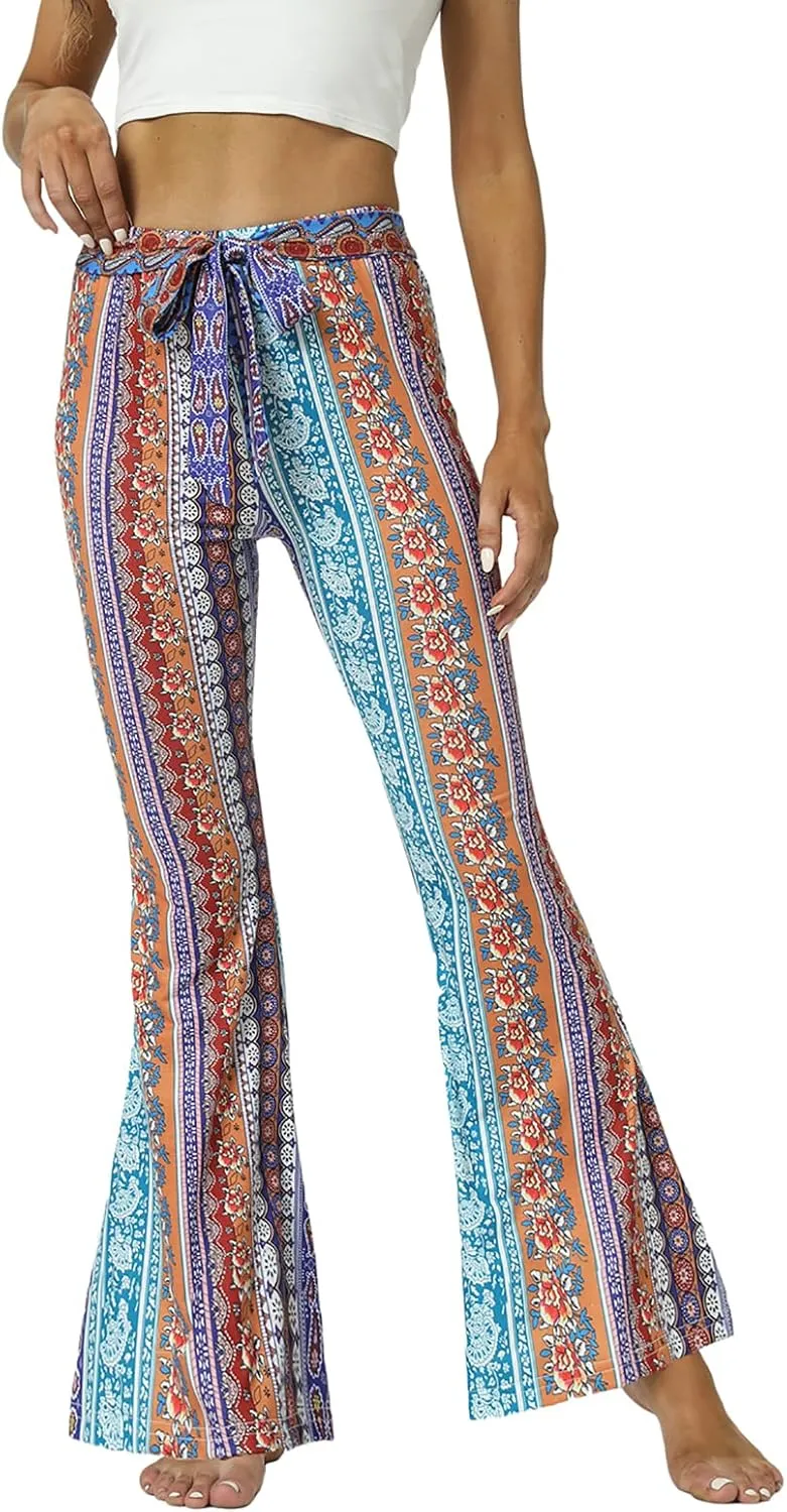 WSPLYSPJY Women's Floral & Paisley Print Knot Front Flare Leg Pants Bowknot Tie Belted