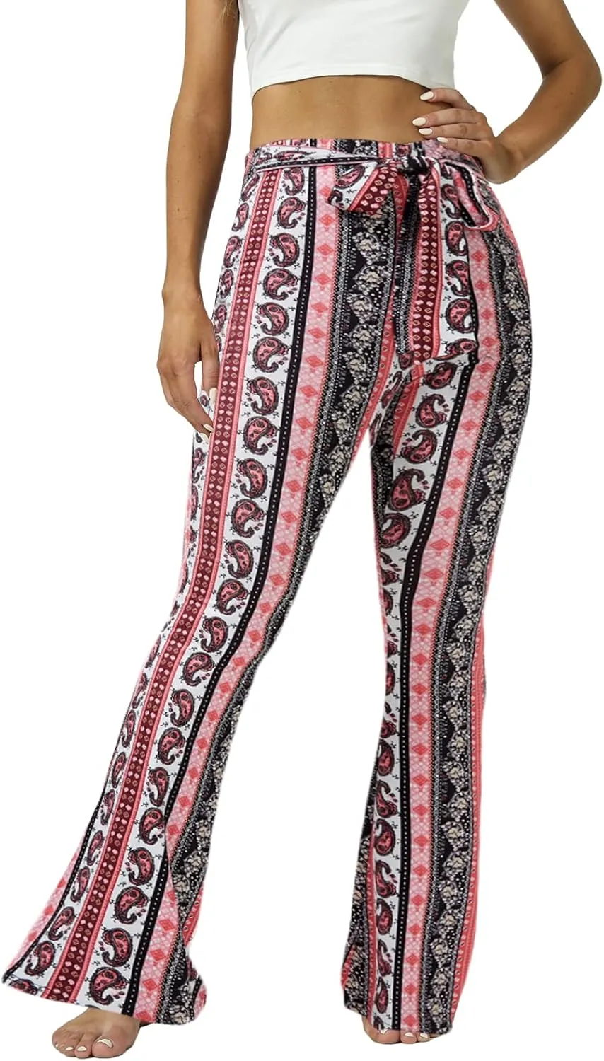 WSPLYSPJY Women's Floral & Paisley Print Knot Front Flare Leg Pants Bowknot Tie Belted