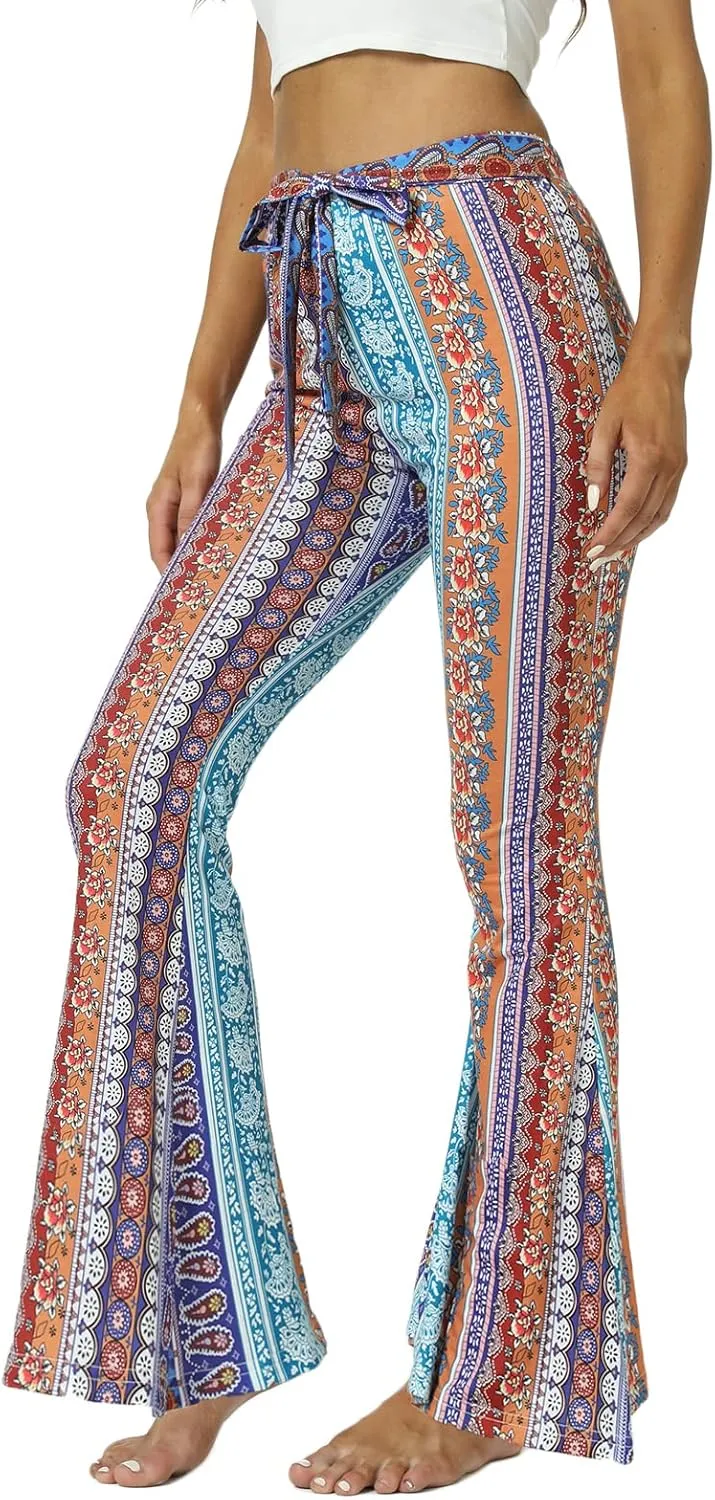 WSPLYSPJY Women's Floral & Paisley Print Knot Front Flare Leg Pants Bowknot Tie Belted