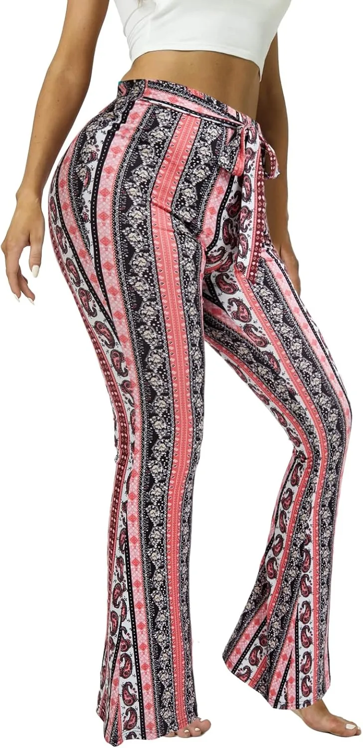 WSPLYSPJY Women's Floral & Paisley Print Knot Front Flare Leg Pants Bowknot Tie Belted