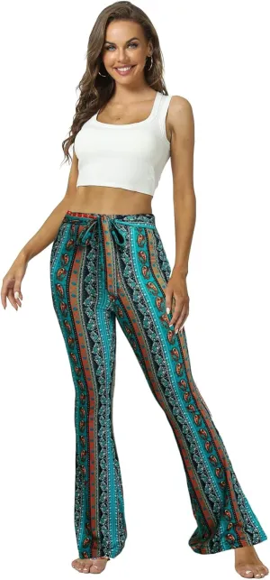 WSPLYSPJY Women's Floral & Paisley Print Knot Front Flare Leg Pants Bowknot Tie Belted