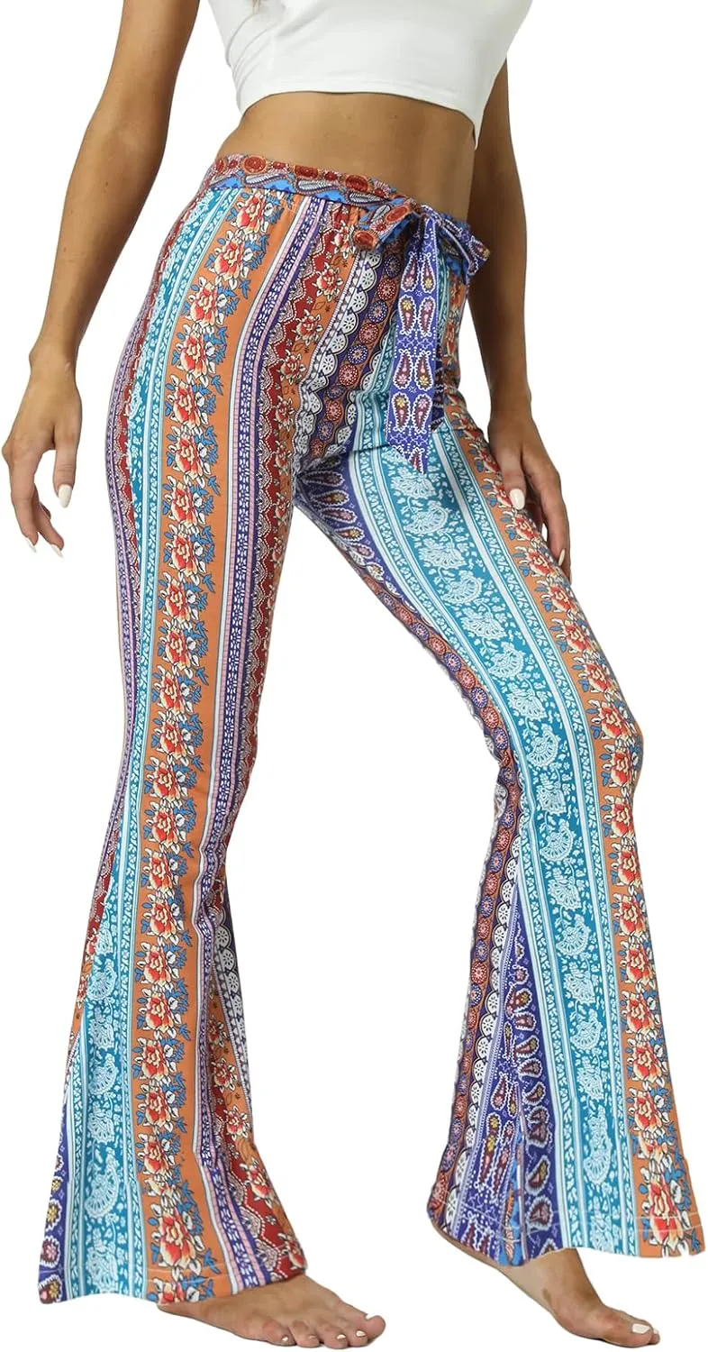 WSPLYSPJY Women's Floral & Paisley Print Knot Front Flare Leg Pants Bowknot Tie Belted