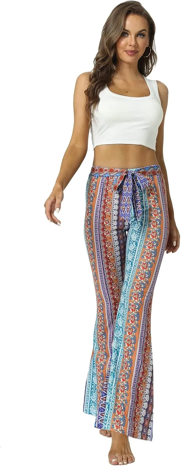 WSPLYSPJY Women's Floral & Paisley Print Knot Front Flare Leg Pants Bowknot Tie Belted