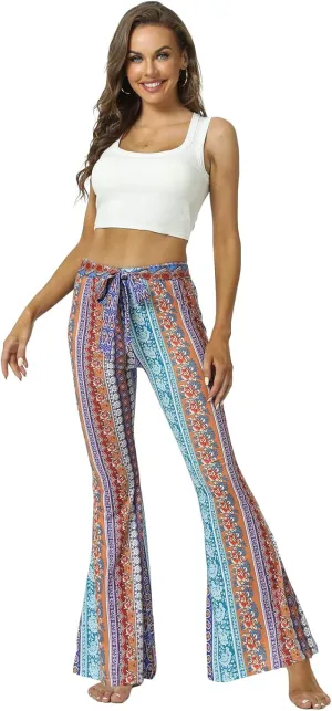WSPLYSPJY Women's Floral & Paisley Print Knot Front Flare Leg Pants Bowknot Tie Belted