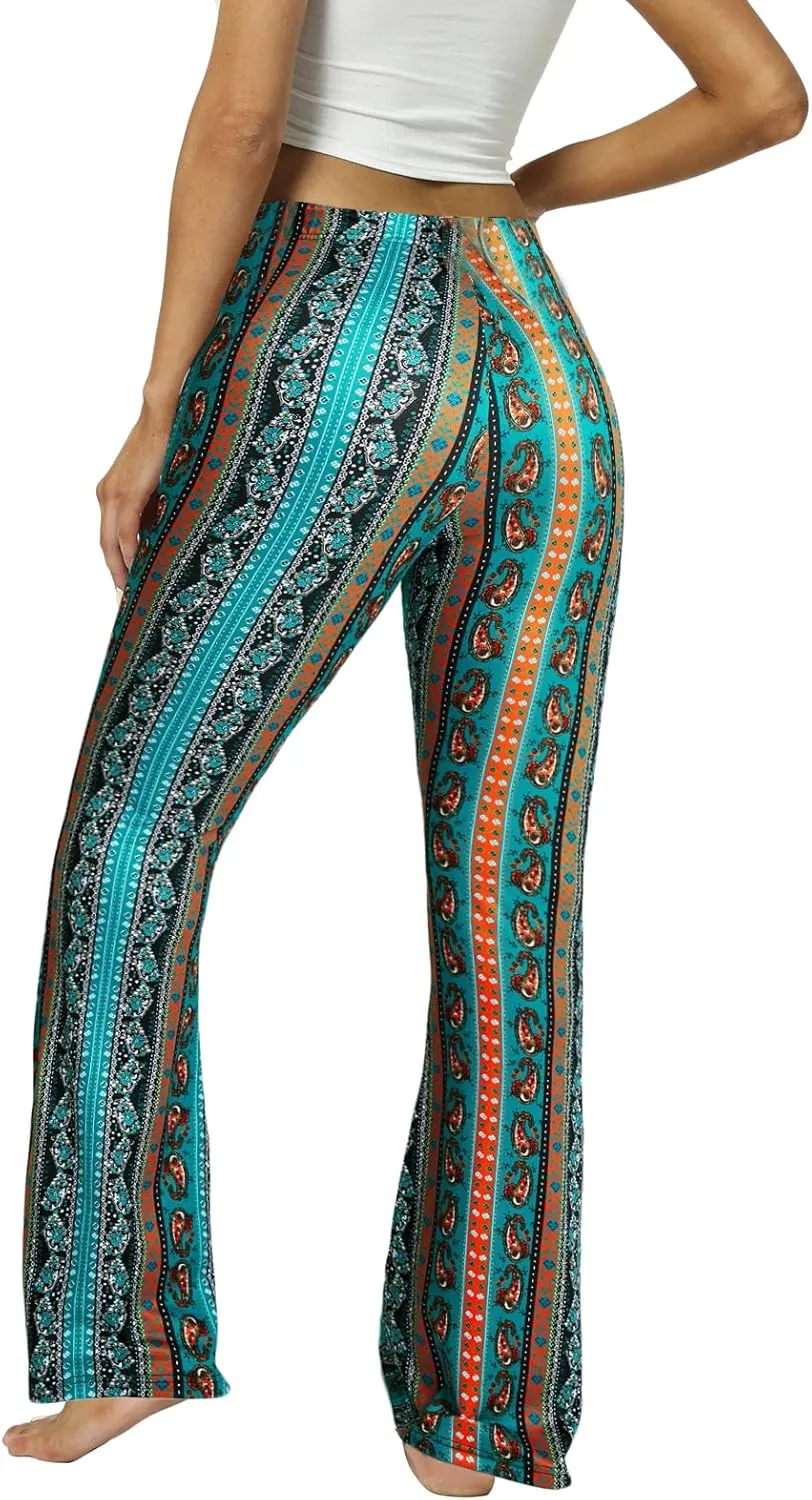 WSPLYSPJY Women's Floral & Paisley Print Knot Front Flare Leg Pants Bowknot Tie Belted
