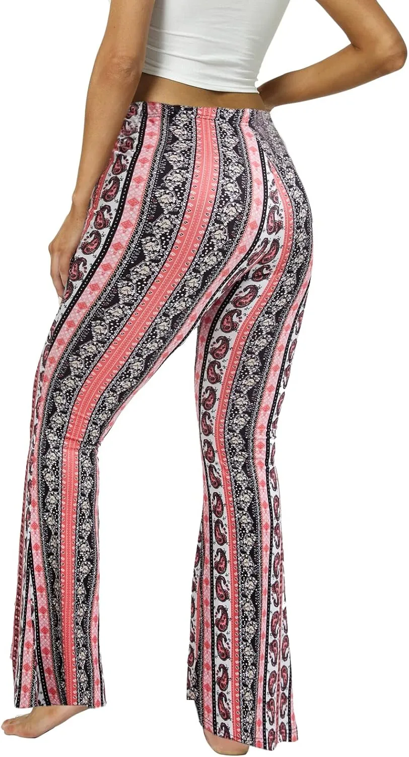 WSPLYSPJY Women's Floral & Paisley Print Knot Front Flare Leg Pants Bowknot Tie Belted