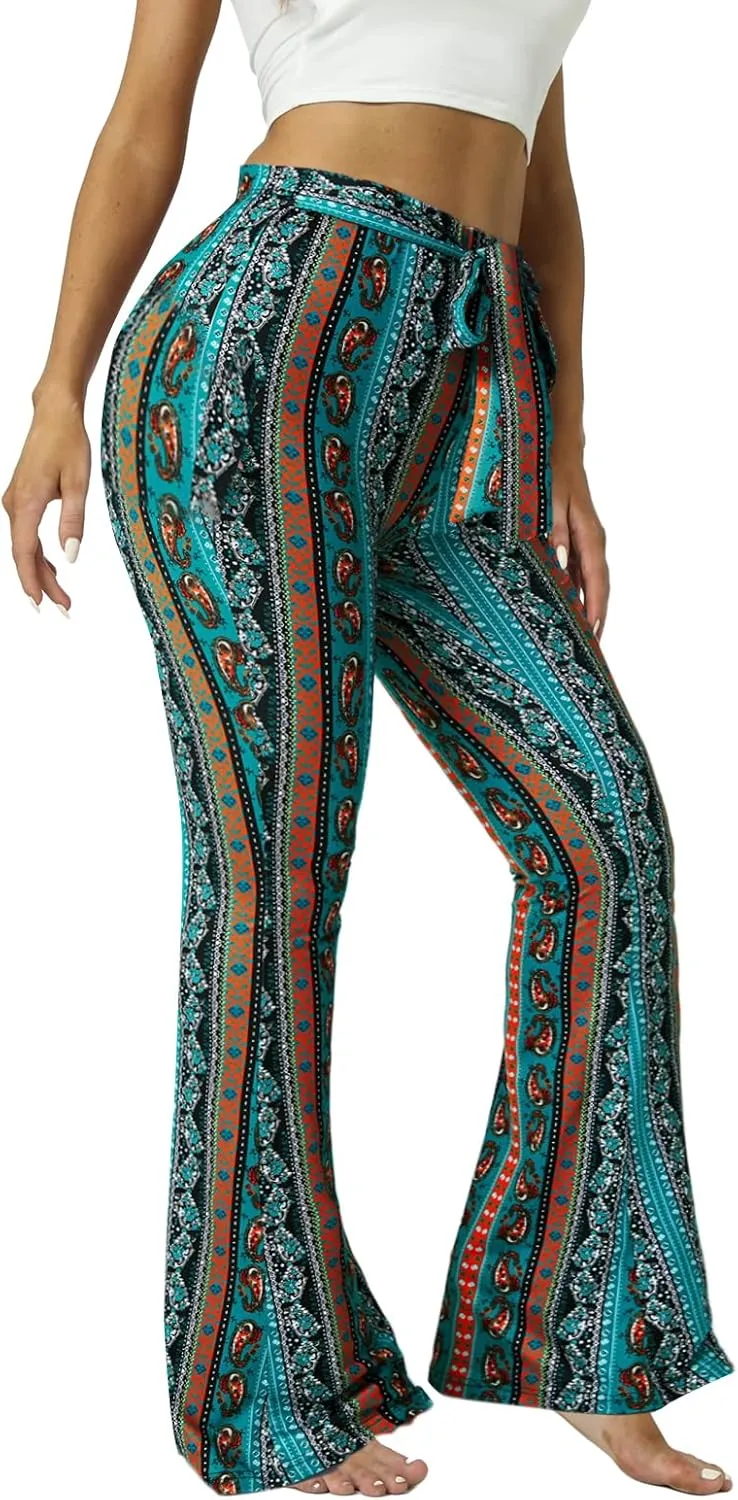 WSPLYSPJY Women's Floral & Paisley Print Knot Front Flare Leg Pants Bowknot Tie Belted