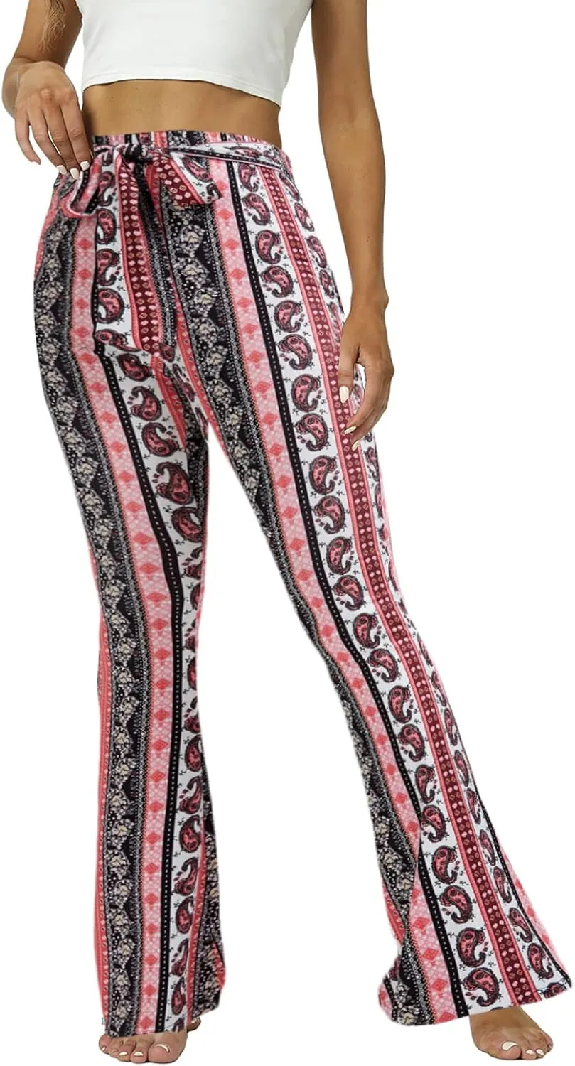 WSPLYSPJY Women's Floral & Paisley Print Knot Front Flare Leg Pants Bowknot Tie Belted