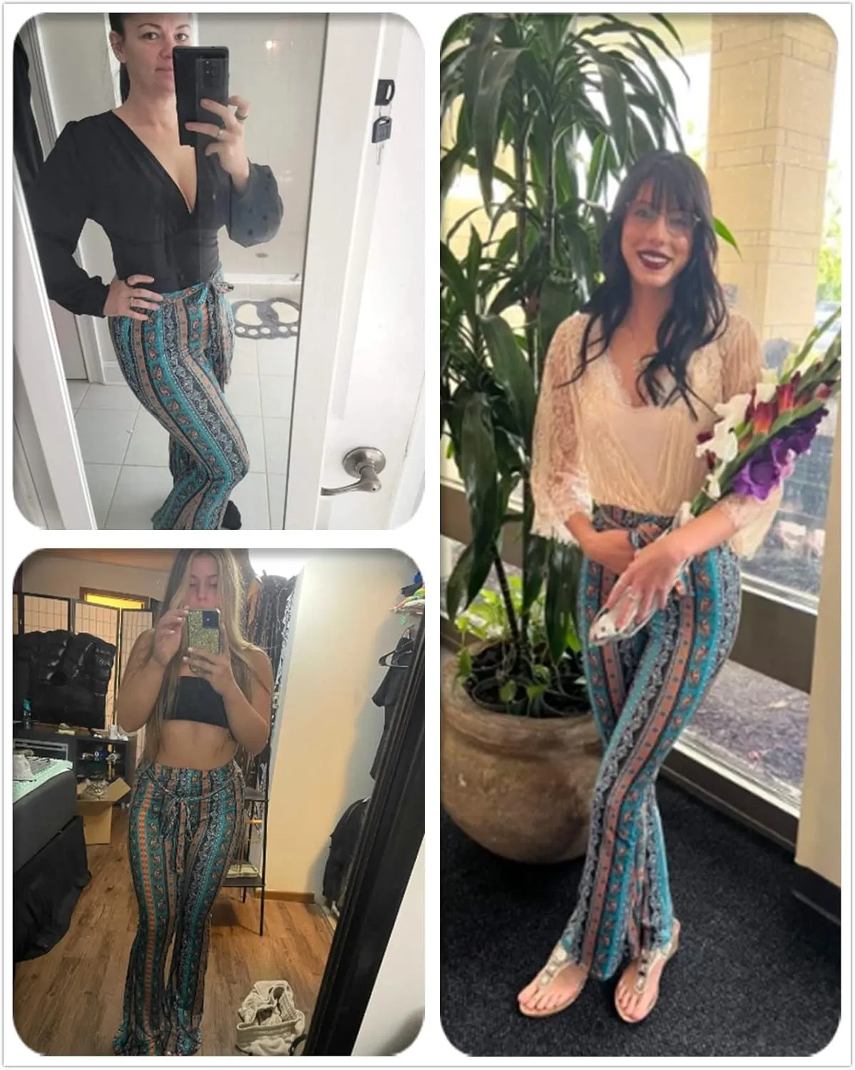 WSPLYSPJY Women's Floral & Paisley Print Knot Front Flare Leg Pants Bowknot Tie Belted