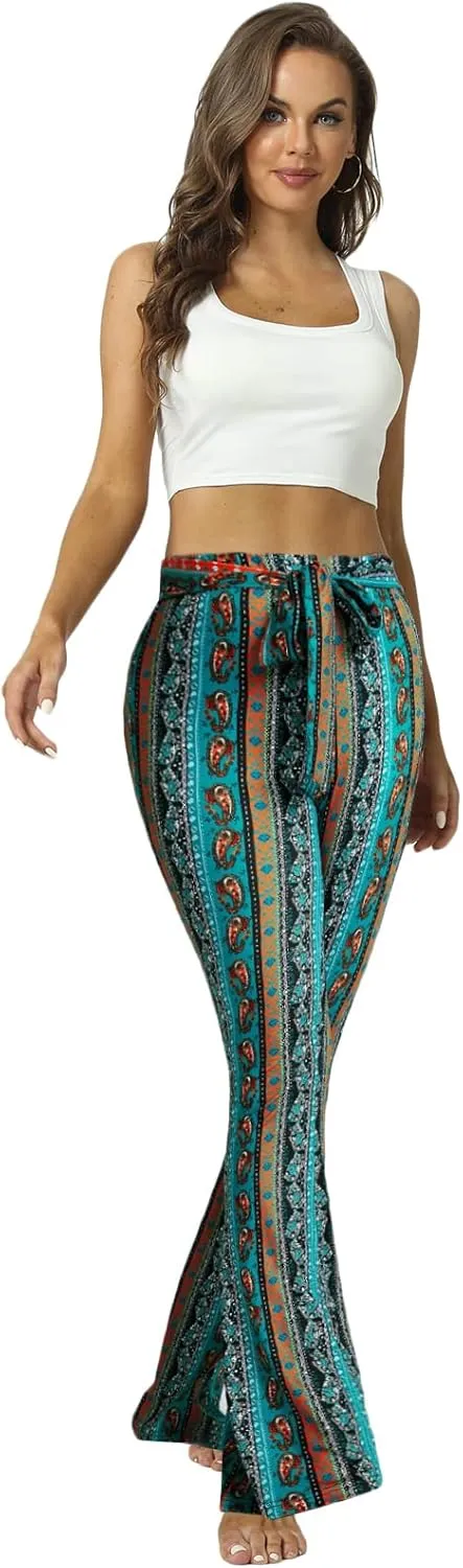 WSPLYSPJY Women's Floral & Paisley Print Knot Front Flare Leg Pants Bowknot Tie Belted