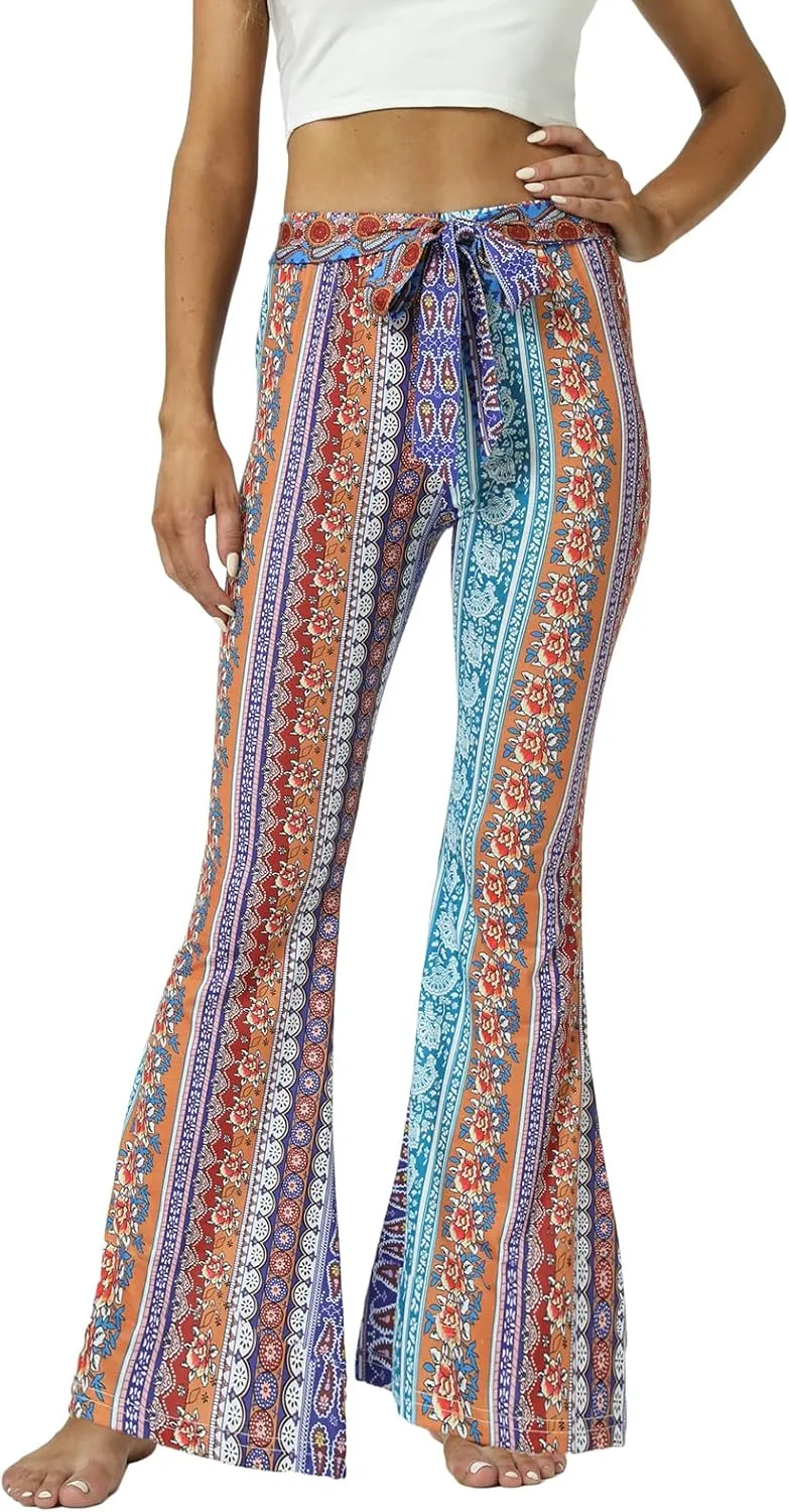 WSPLYSPJY Women's Floral & Paisley Print Knot Front Flare Leg Pants Bowknot Tie Belted