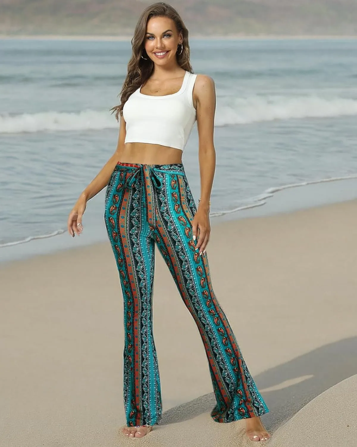 WSPLYSPJY Women's Floral & Paisley Print Knot Front Flare Leg Pants Bowknot Tie Belted