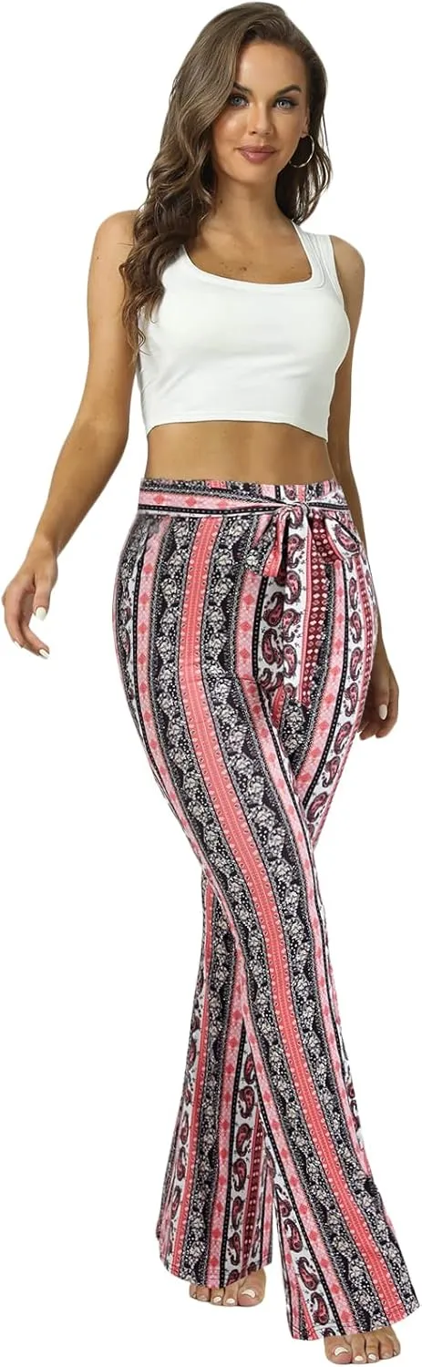 WSPLYSPJY Women's Floral & Paisley Print Knot Front Flare Leg Pants Bowknot Tie Belted