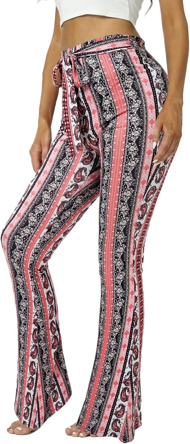 WSPLYSPJY Women's Floral & Paisley Print Knot Front Flare Leg Pants Bowknot Tie Belted