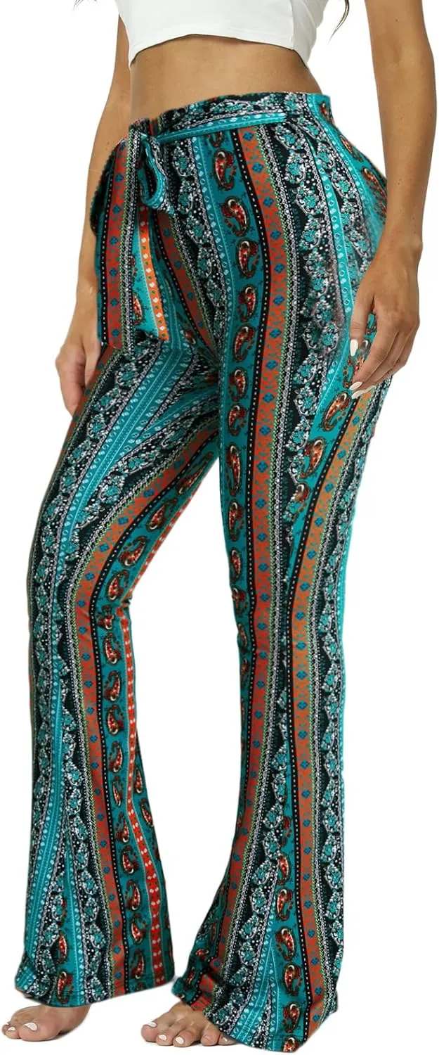 WSPLYSPJY Women's Floral & Paisley Print Knot Front Flare Leg Pants Bowknot Tie Belted