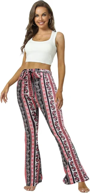 WSPLYSPJY Women's Floral & Paisley Print Knot Front Flare Leg Pants Bowknot Tie Belted