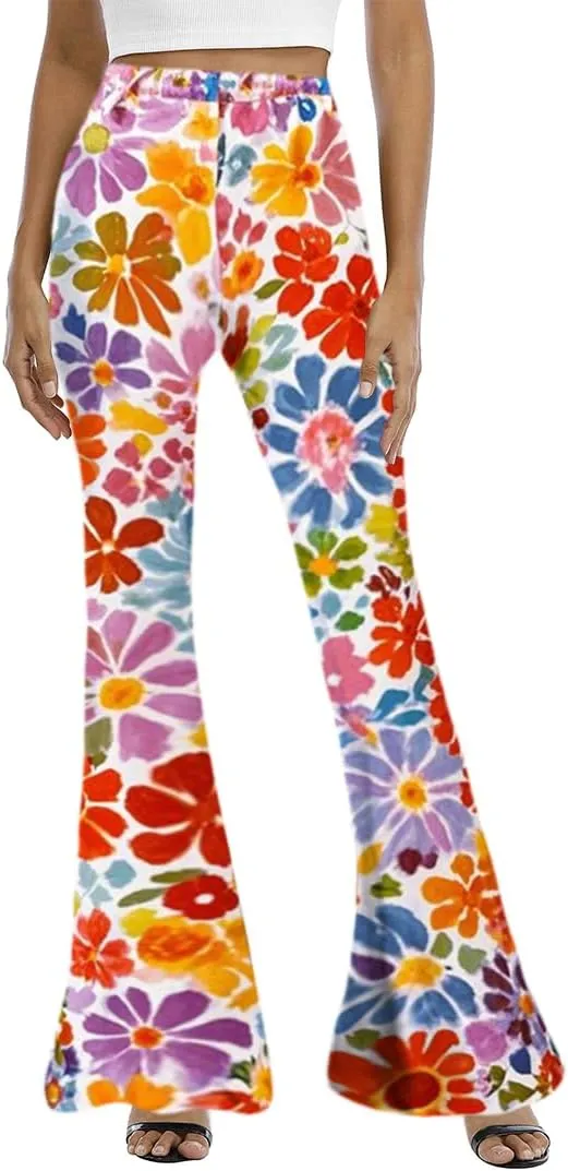 WSPLYSPJY Women's Print Stretch Bell Bottom Flare Palazzo Pants Trousers