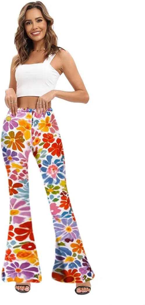 WSPLYSPJY Women's Print Stretch Bell Bottom Flare Palazzo Pants Trousers