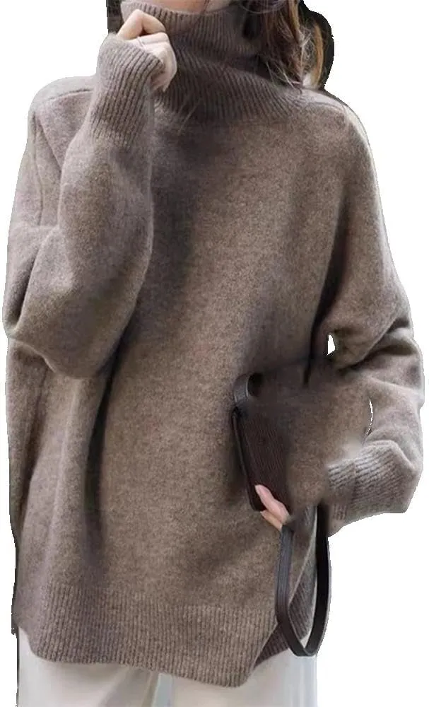 Xingfenly Turtleneck Knitted Sweater Women Oversized Warm Knit Pullover Female Long Jumper Lady Solid Color Knitwear