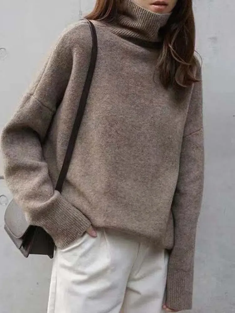 Xingfenly Turtleneck Knitted Sweater Women Oversized Warm Knit Pullover Female Long Jumper Lady Solid Color Knitwear