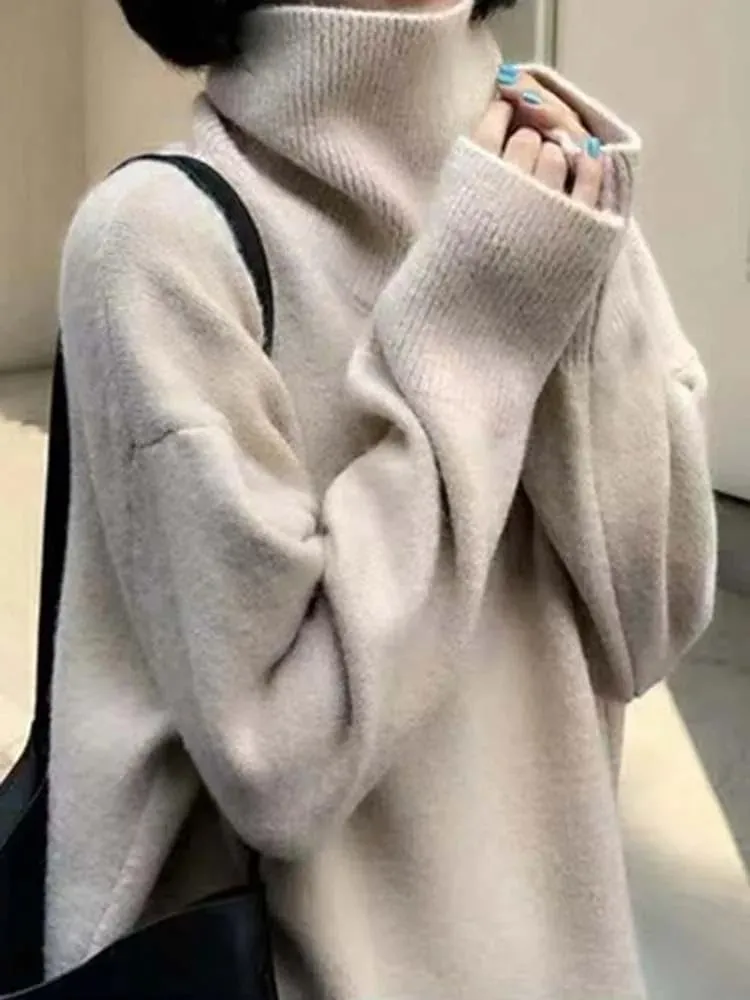 Xingfenly Turtleneck Knitted Sweater Women Oversized Warm Knit Pullover Female Long Jumper Lady Solid Color Knitwear
