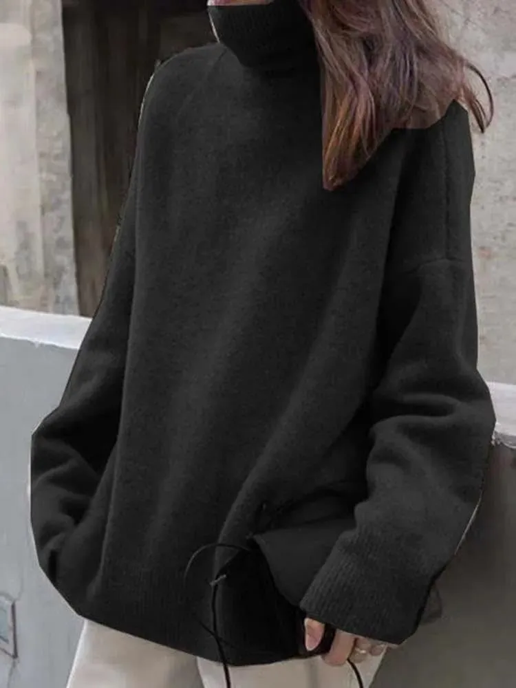 Xingfenly Turtleneck Knitted Sweater Women Oversized Warm Knit Pullover Female Long Jumper Lady Solid Color Knitwear