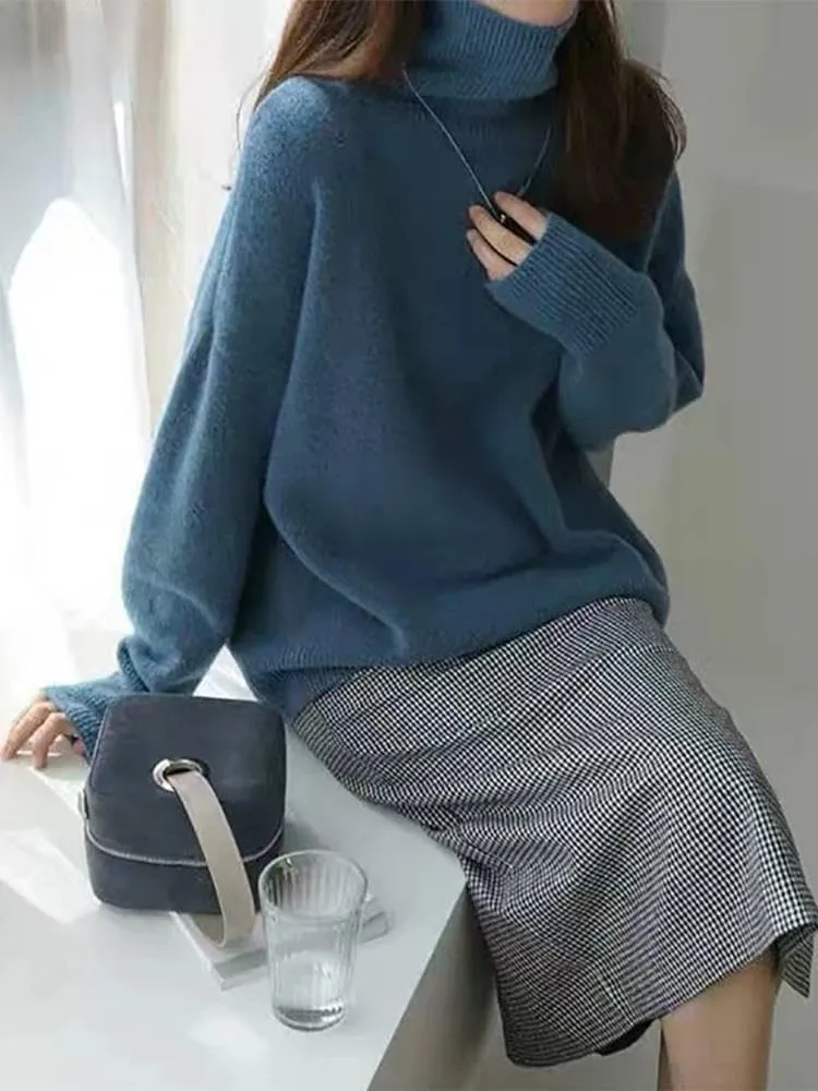 Xingfenly Turtleneck Knitted Sweater Women Oversized Warm Knit Pullover Female Long Jumper Lady Solid Color Knitwear