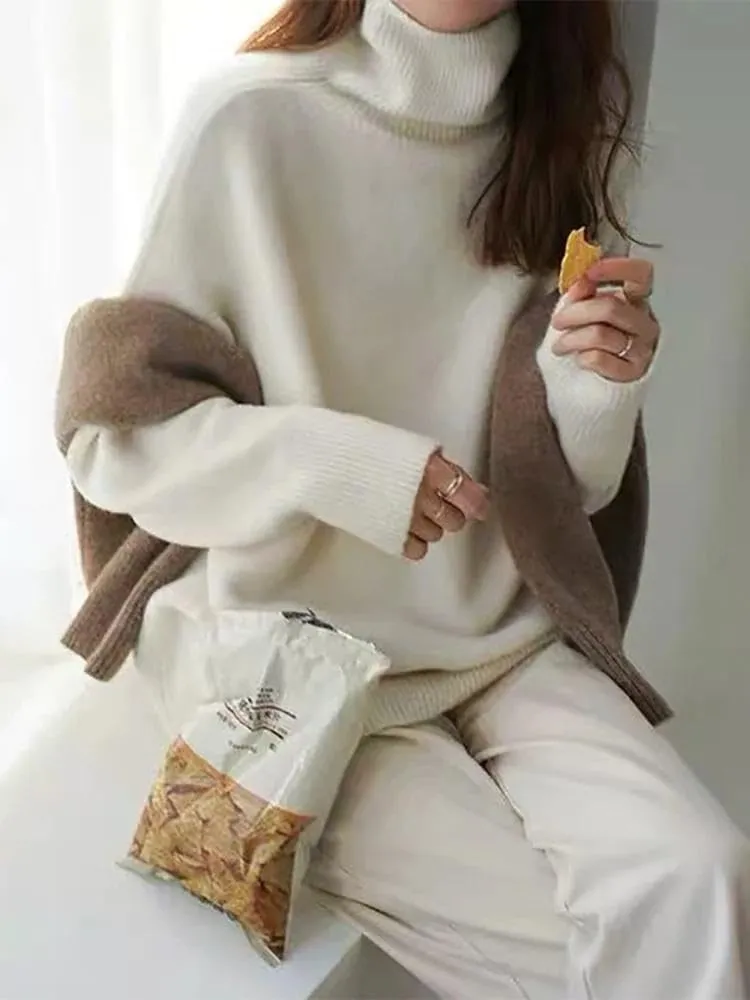 Xingfenly Turtleneck Knitted Sweater Women Oversized Warm Knit Pullover Female Long Jumper Lady Solid Color Knitwear
