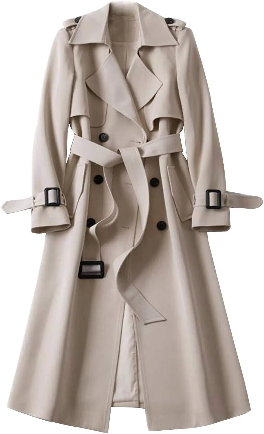 XUETON Women's Double Breasted Long Trench Coat Casual Lapel Open Front Winter Wool Blend Warm Coat Cardigans Topcoat Outwear