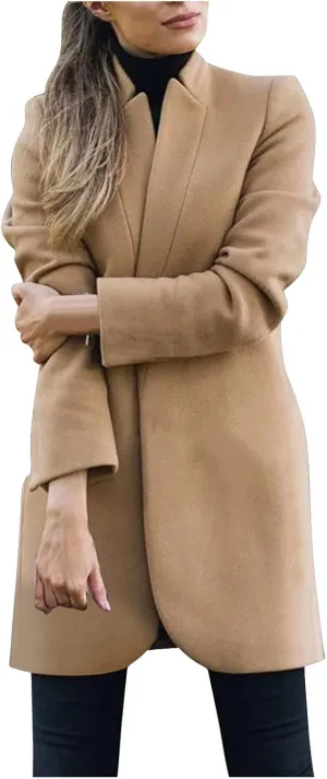 XUETON Women's Double Breasted Long Trench Coat Casual Lapel Open Front Winter Wool Blend Warm Coat Overcoat Outwear