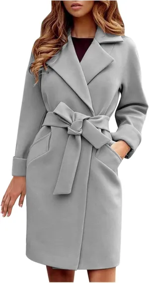 XUETON Womens Open Front Duster Trench Coat Winter Wool Blend Pea Coat Oversized Warm Lapel Work Business Jacket Outerwear(Grey,Large)