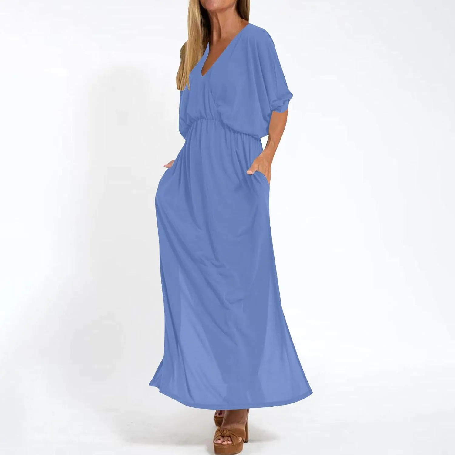 XUNRYAN Women's Summer Boho Maxi Dress Casual V Neck 3/4 Sleeve Wedding Guest Dresses Flowy Side Slit Travel Beach Sundress