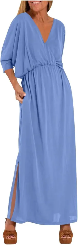 XUNRYAN Women's Summer Boho Maxi Dress Casual V Neck 3/4 Sleeve Wedding Guest Dresses Flowy Side Slit Travel Beach Sundress